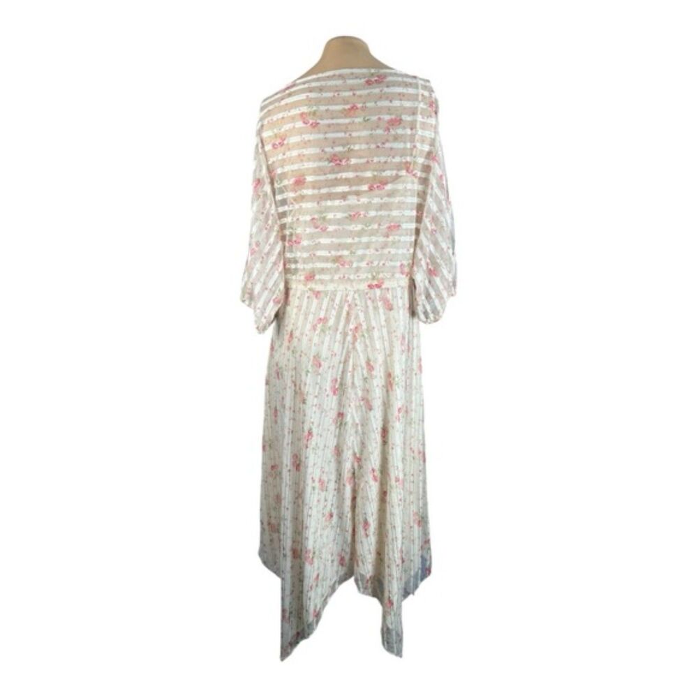 Vintage Pink Rose Floral Sheer Overlay Midi Dress – Asymmetrical Hem Cottagecore